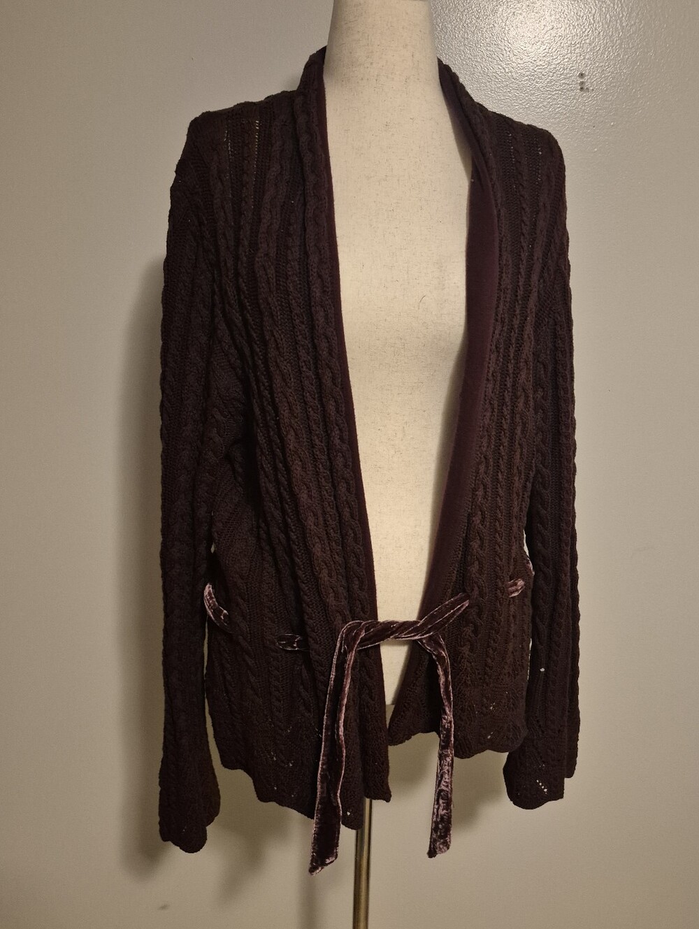Ralph Lauren Women’s Cable Knit Cardigan Sweater Dark Burgundy Purple XL Belted